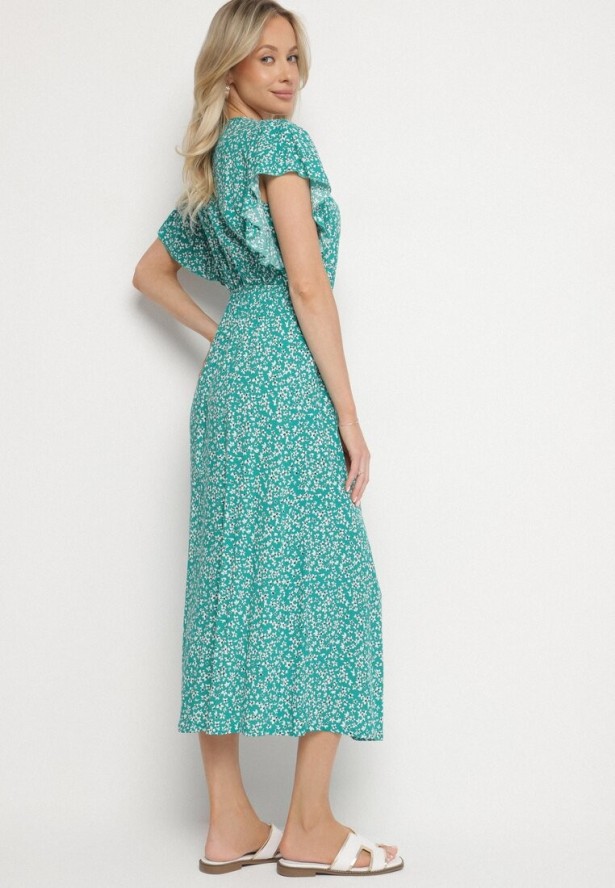 Zielona Bawełniana Sukienka z Gumką w Talii w Drobne Kwiatki Nulinea