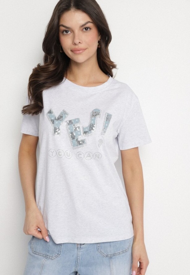 Jasnoszary T-shirt z Bawełny Ozdobiony Cekinami i Cyrkoniami Camiren