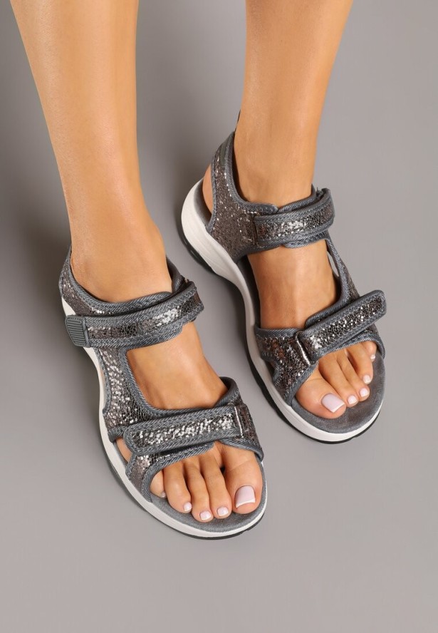 Szare Sportowe Sandały Vices z Metalicznym Połyskiem Zapinane na Rzep Tanalia