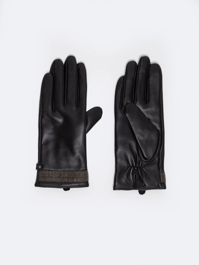 Rękawiczki damskie skórzane z ozdobnym wykoŅczeniem czarne Shani 906