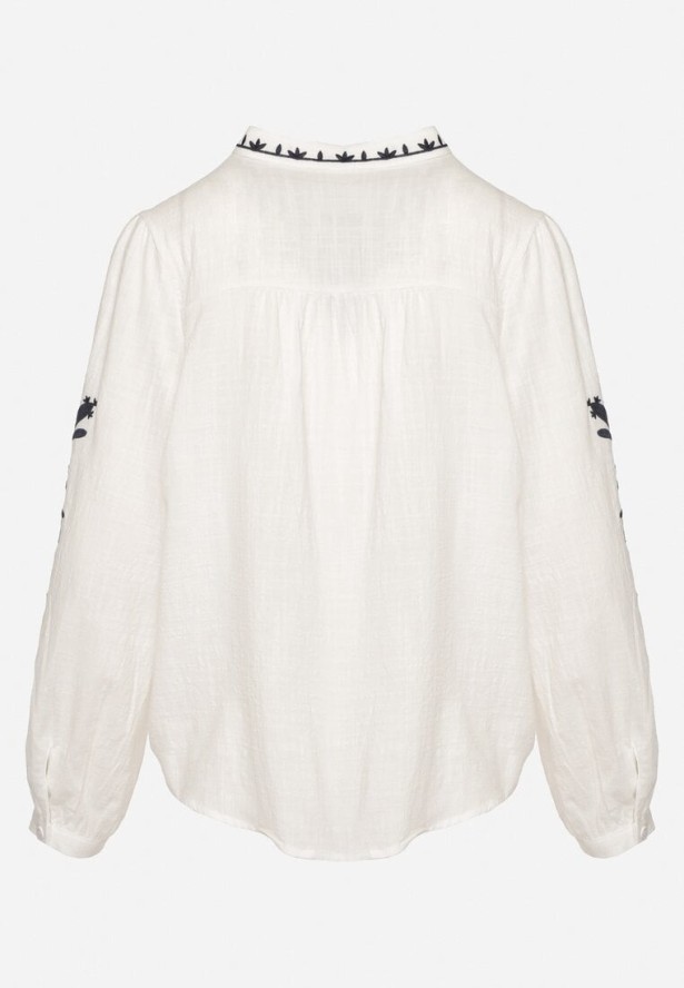 Biało-Niebieska Bawełniana Koszula Bez Kołnierzyka Zdobiona Haftem Gonavia