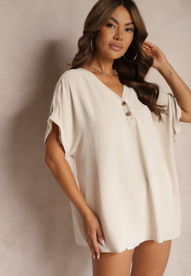 Beżowa Bluzka z Wiskozą Ozdobiona Ażurowymi Wstawkami Ozdobiona Guzikami Vimalenna