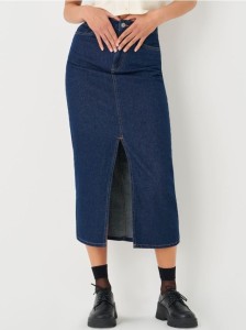 Jeansowa spódnica midi z rozcięciem - niebieski