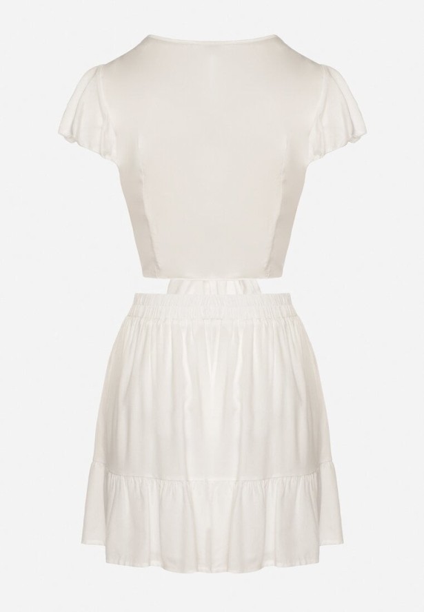 Biały Komplet z Wiskozy Spódnica z Falbanką i Bluzka z Wiązaniem Redeave