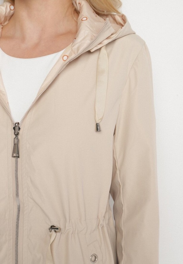 Jasnobeżowa Kurtka Parka Dwustronna ze Ściągaczem w Talii i Kapturem Tillisaya