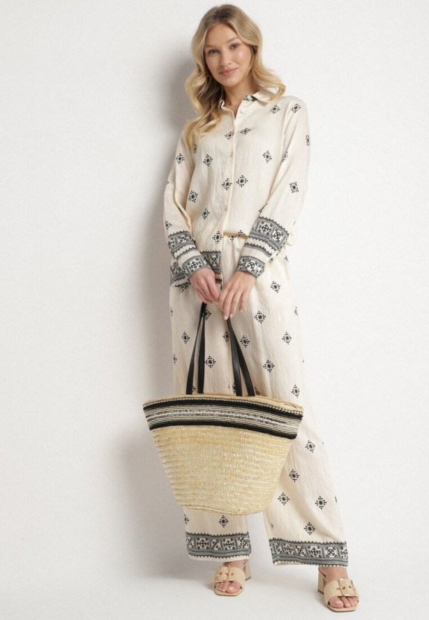 Beżowy Komplet z Wiskozą Spodnie o Szerokim Kroju i Koszula Tatorela