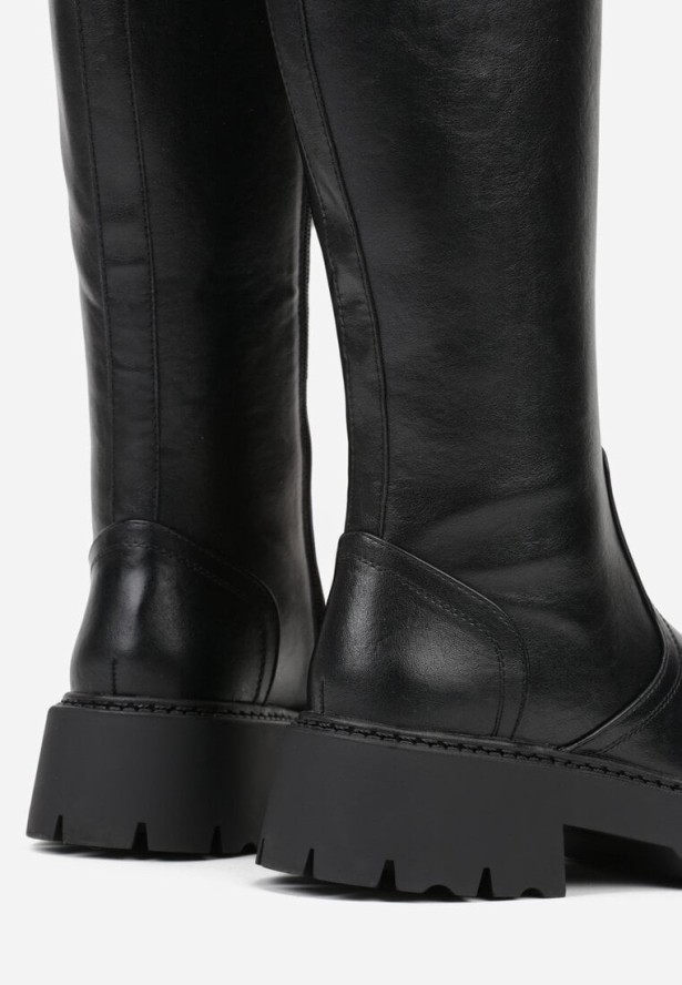 Czarne Kozaki VICES na Platformie z Tłoczonym Zdobieniem przy Cholewce Uniresa