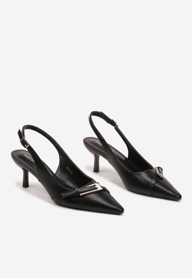 Czarne Sandały na Szpilce Typu Slingback Ozdobione Paskiem z Klamrą Karilen