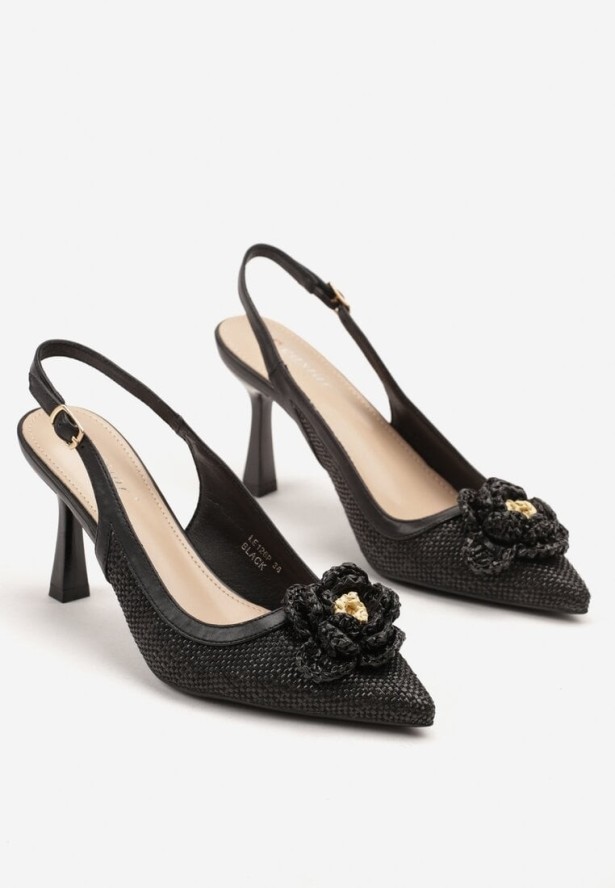 Czarne Plecione Sandały Slingback na Szpilce Zdobione Kwiatową Aplikacją Willifia
