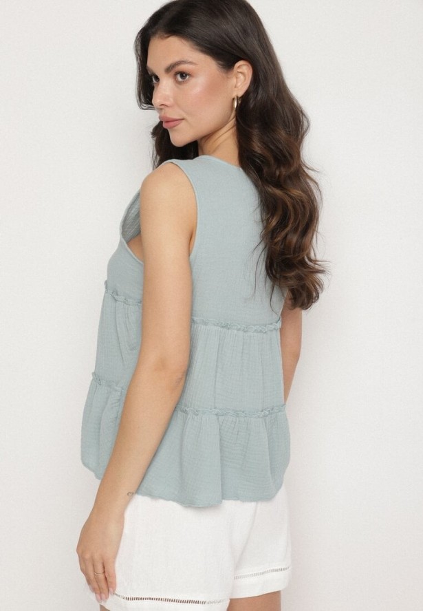 Jasnozielona Bawełniana Bluzka Muślinowa z Wiązaniem i Falbanami Ralania