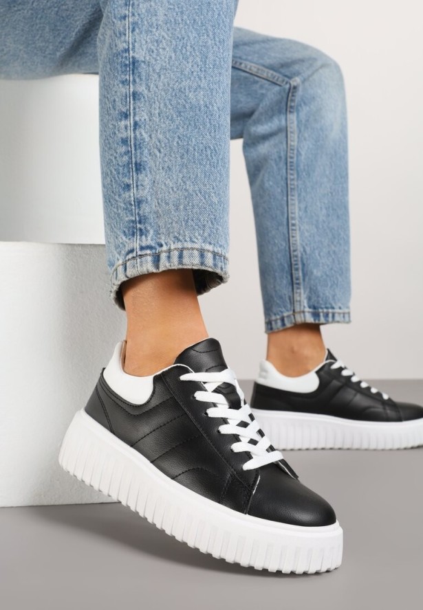 Czarno-Białe Sneakersy na Grubej Tłoczonej Podeszwie Zdivila
