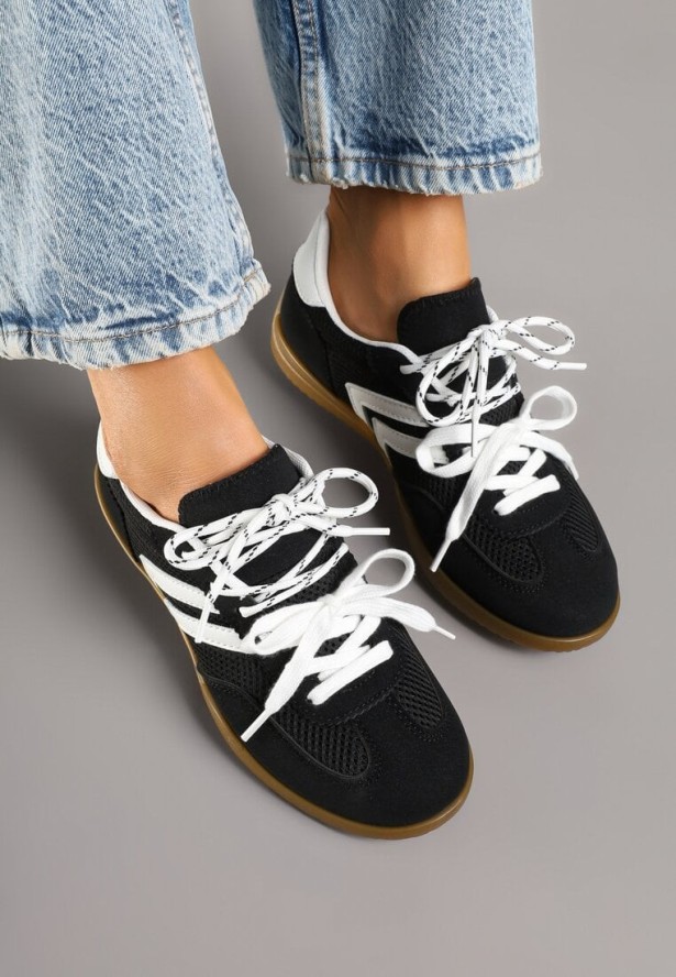 Czarne Sneakersy w Stylu Tenisówek Ozdobione Geometrycznym Wzorem Teloriella