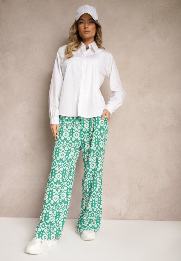 Zielone Wzorzyste Spodnie z Szerokimi Nogawkami i Gumką w Pasie z Wiskozy Zixia