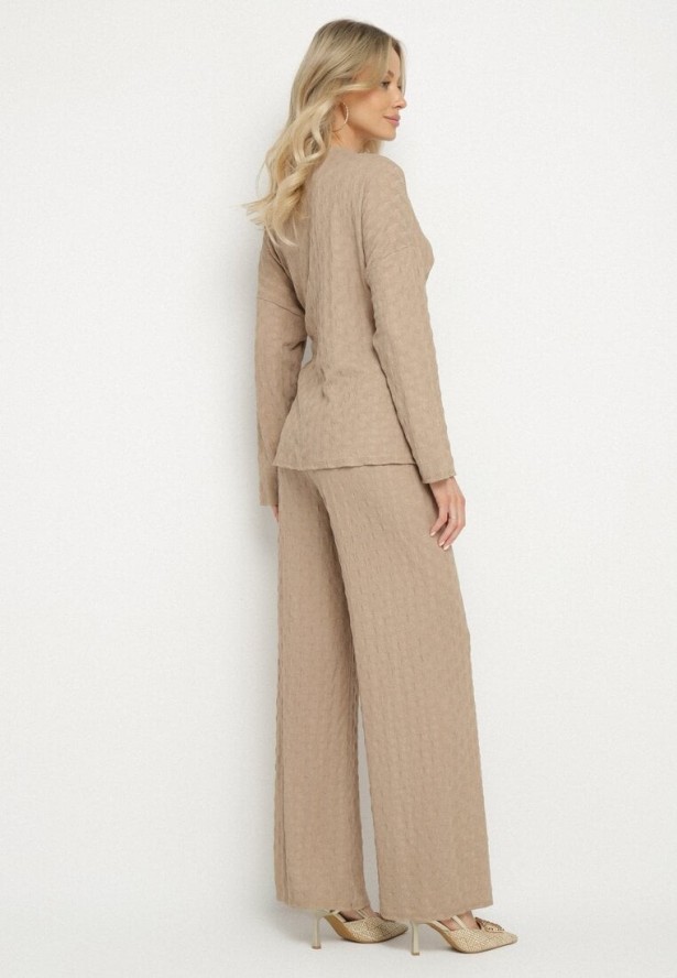 Jasnobrązowy Komplet Szerokie Spodnie i Bluzka z Ozdobnym Wiązaniem Cilinne