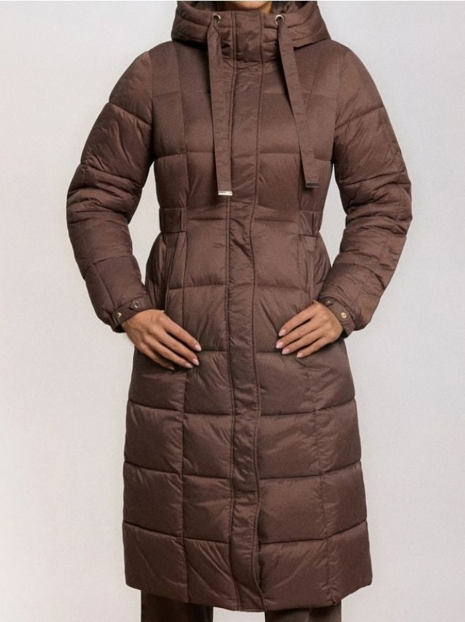 Pikowany płaszcz z kapturem - brązowy