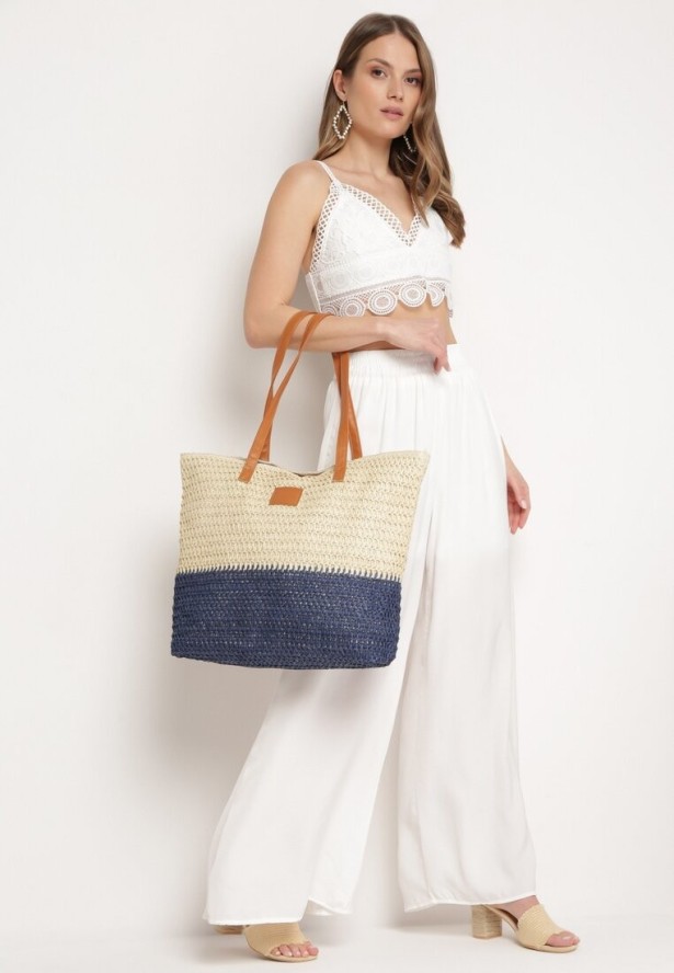 Beżowo-Granatowa Torebka Boho z Papierowej Plecionki o Fasonie Tote na Suwak Jabba