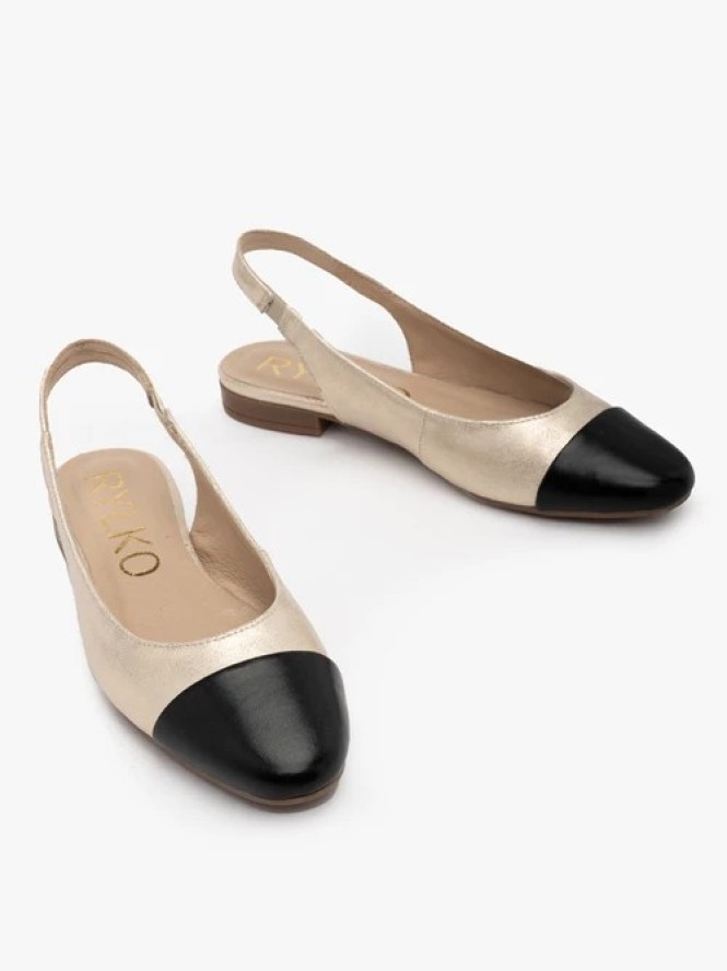 Platynowe baleriny typu slingback z czarnym noskiem