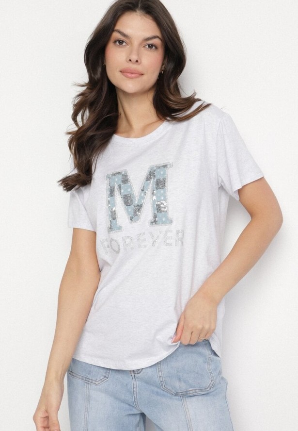 Jasnoszary T-shirt z Bawełny Ozdobiony Napisem i Cyrkoniami Olireth