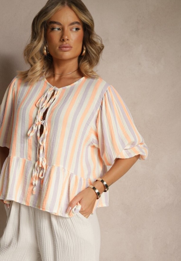 Pomarańczowa Bluzka z Bawełny w Prążki Zdobiona Wiązaniem i Falbaną Farettia