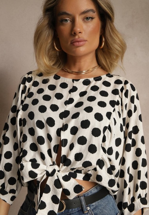 Biało-Czarna Bluzka z Wiskozy Nietoperz z Wiązaniem w Kropki Divia