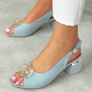 Błękitne zamszowe Polskie sandały damskie na obcasie Deoni D216A