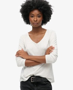 superdry Długi rękaw top z dekoltem V w jerseyu – Starlight Grey Marl