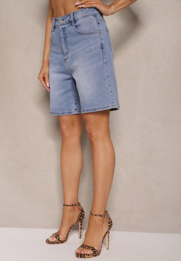 Niebieskie Szorty Jeansowe High Waist o Kroju Bermudów Tenibella