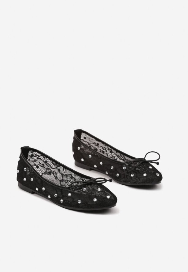 Czarne Siateczkowe Balerinki na Płaskiej Podeszwie z Cyrkoniami i Koronką Froresi