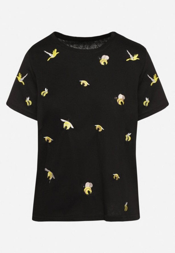 Czarny T-shirt z Bawełny Ozdobiony Haftem Hiraviel