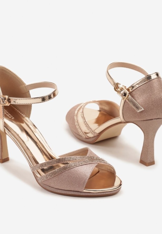 Szampańskie Sandały Vices na Szpilce Ozdobione Cyrkoniami i Brokatem Oviasse