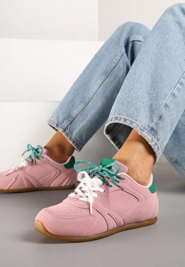 Różowe Sneakersy z Podwójnymi Sznurowadłami i Przeszyciami Teleritia