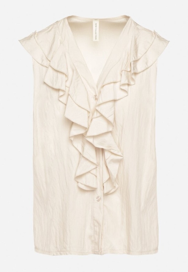 Jasnobeżowa Koszula Bez Rękawów z Wiskozą z Dekoltem w Serek i Falbaną Arlimi