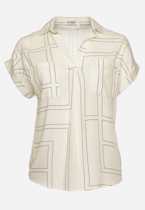 Jasnobeżowa Bluzka o Koszulowym Fasonie z Wiskozy w Geometryczny Print Ralozi