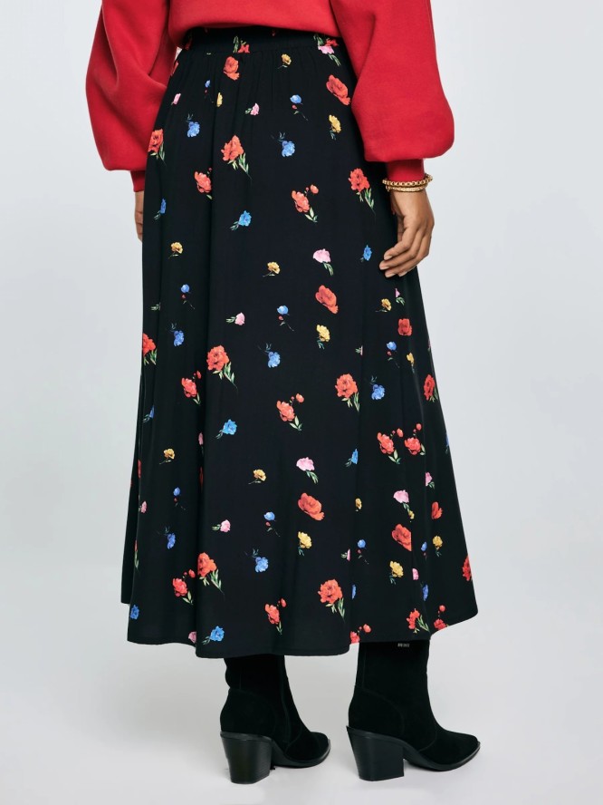 Spódnica damska midi z wiskozy z motywem kwiatowym czarna Brie 906