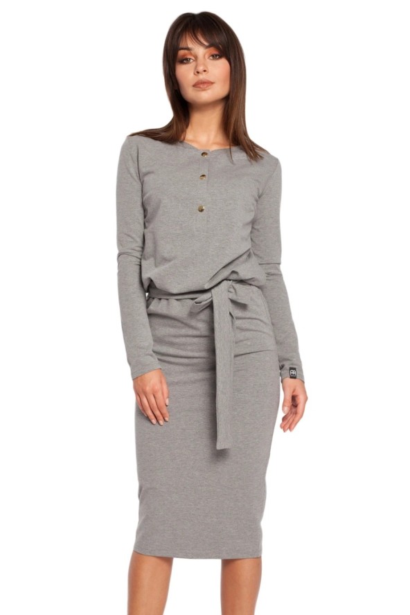 Sukienka bawełniana ołówkowa z wiązaniem w pasie szara