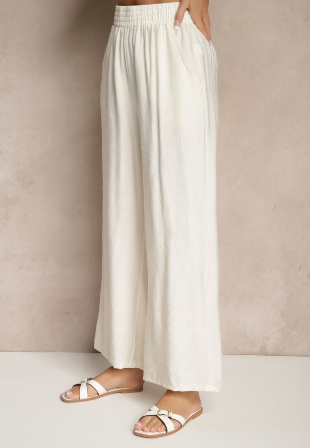 Jasnobeżowy Komplet Spodnie i Bluzka z Regulacją w Talii Zapinana na Guziki Dovanelle