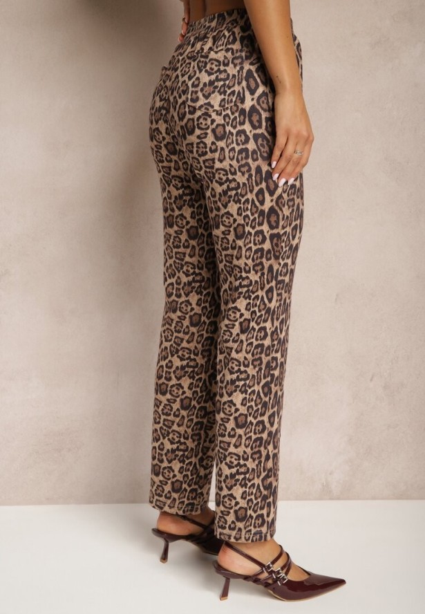 Beżowe Spodnie z Prostymi Nogawkami w Panterkę Enalora