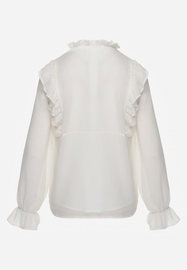 Biała Bluzka w Stylu Coquette z Falbankami i Wiązaniem przy Szyi Seathrina