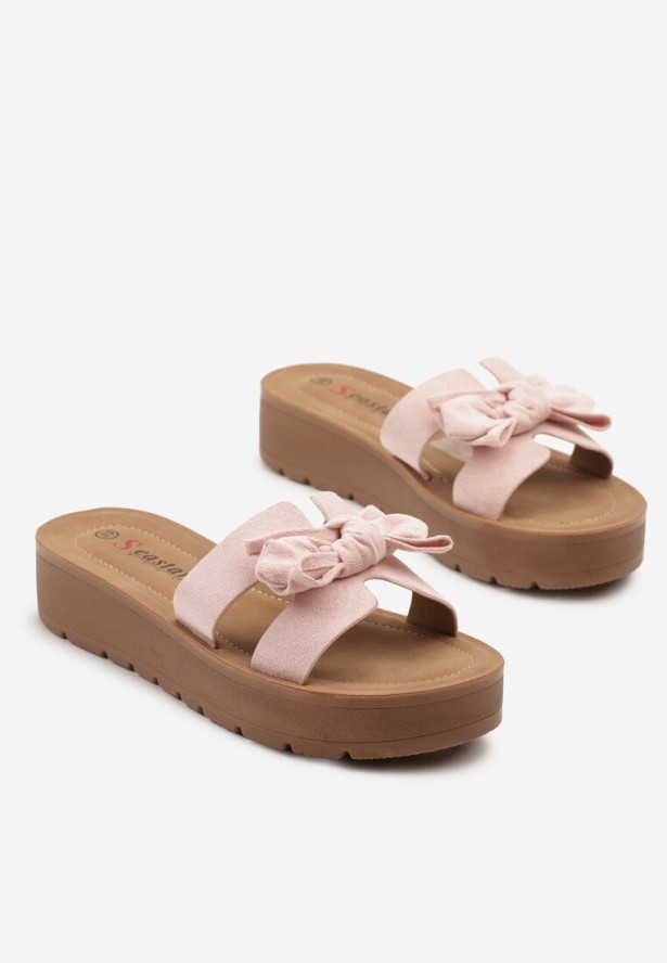 Różowe Klapki na Niskiej Platformie z Kokardką Ravirise