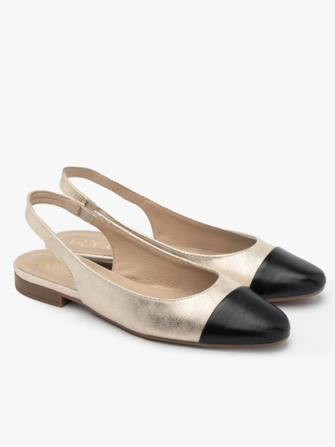 Platynowe baleriny typu slingback z czarnym noskiem
