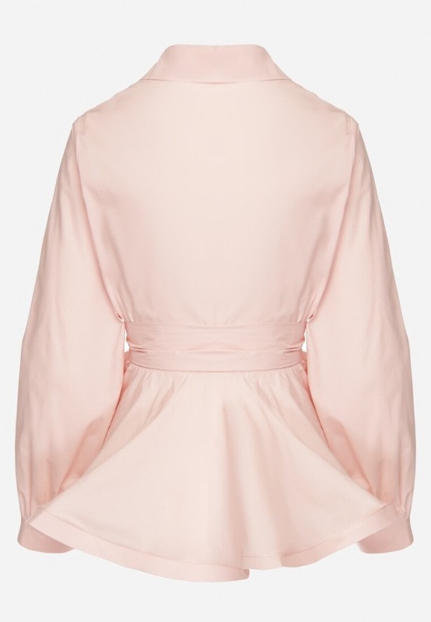 Różowa Koszula z Gumką w Talii z Materiałowym Paskiem Lanothia