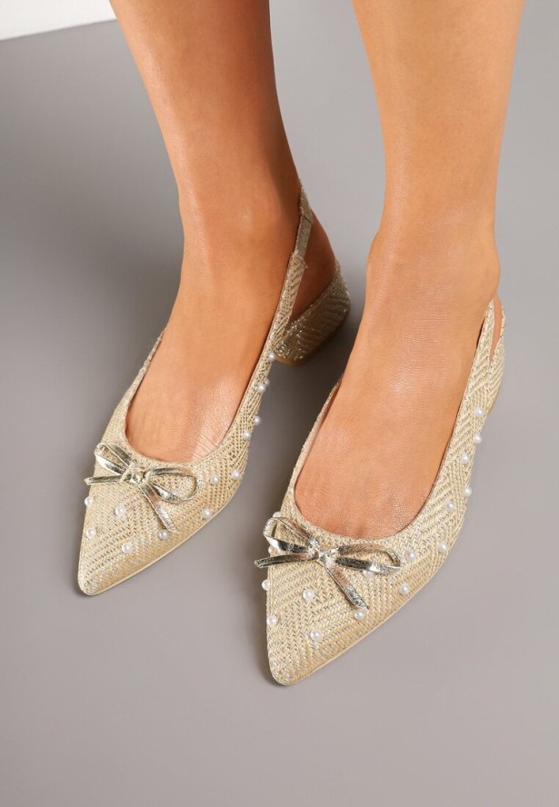 Beżowe Czółenka na Obcasie z Perełkami i Kokardą Bez Pięty Zolretia