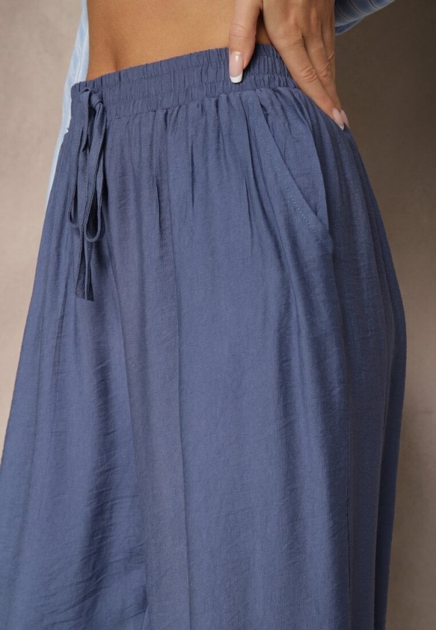 Granatowe Spodnie o Szerokim Kroju High Waist z Wiązaniem Fenalin