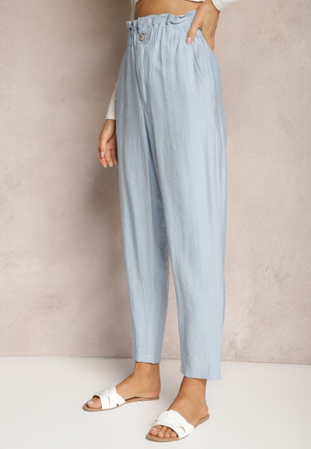 Jasnoniebieskie Klasyczne Spodnie z Elastyczną Talią Paper Bag Targea