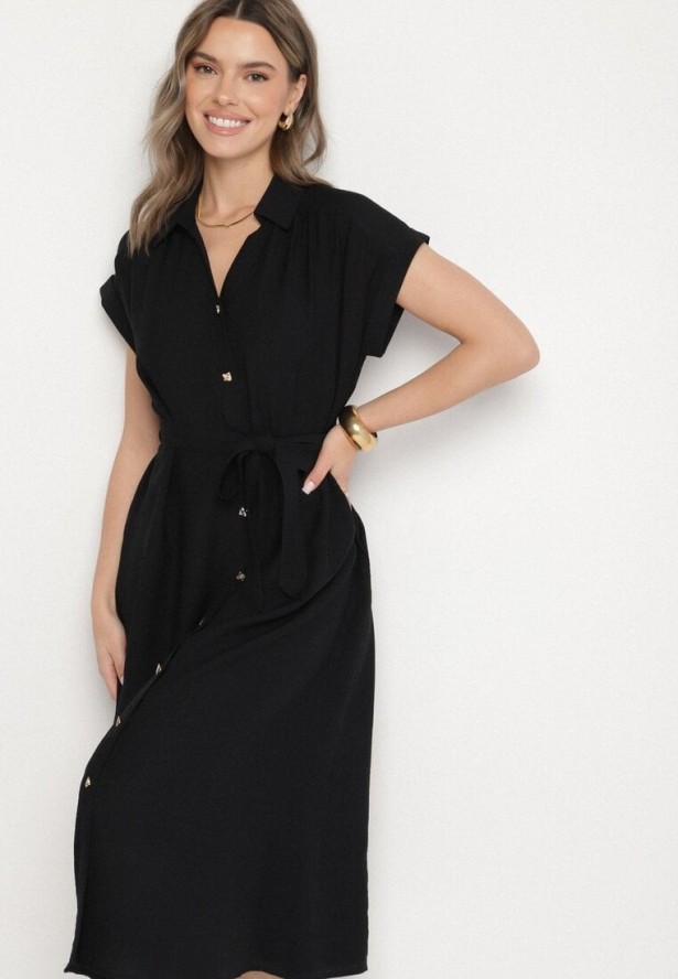 Czarna Wiskozowa Sukienka Koszulowa z Paskiem Rinaruna