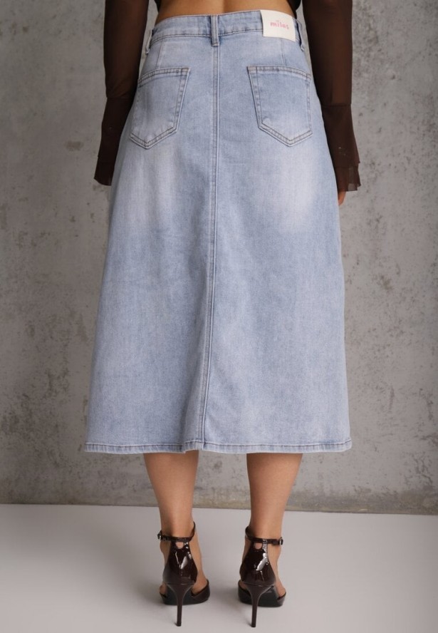 Niebieska Spódnica Jeansowa z Bawełną High Waist i Rozcięciem na Nogę Cinadessa