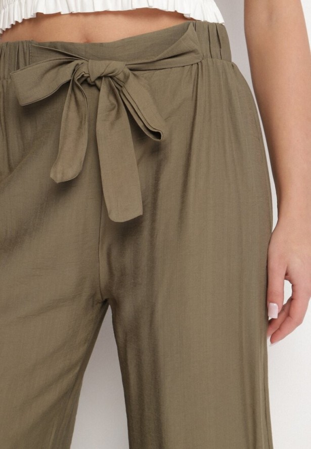 Ciemnozielone Wiskozowe Szerokie Spodnie Ozdobione Kokardą Elliluria