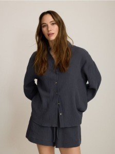 Koszula oversize z bawełnianego muślinu - ciemnozielony