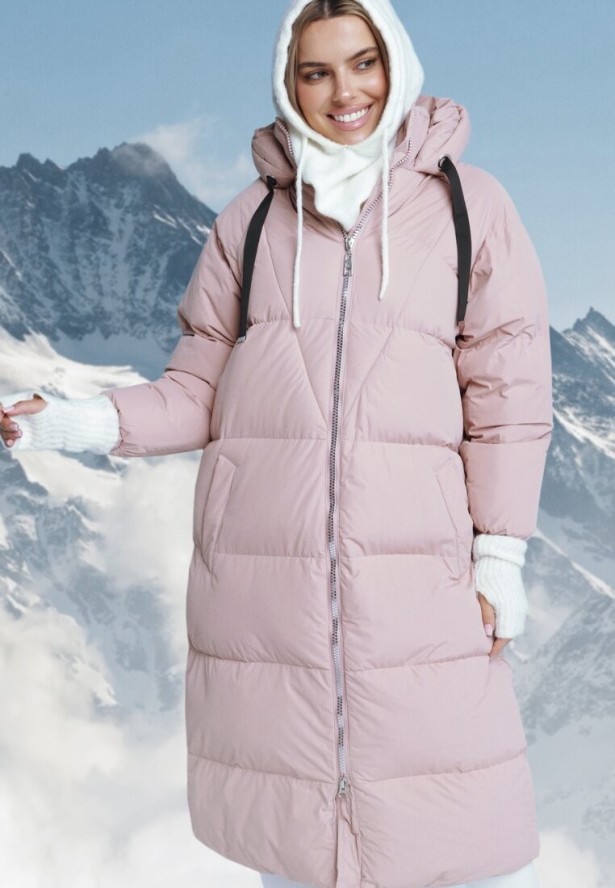 Różowa Długa Kurtka Pikowana Płaszcz na Zamek z Kapturem Lesea