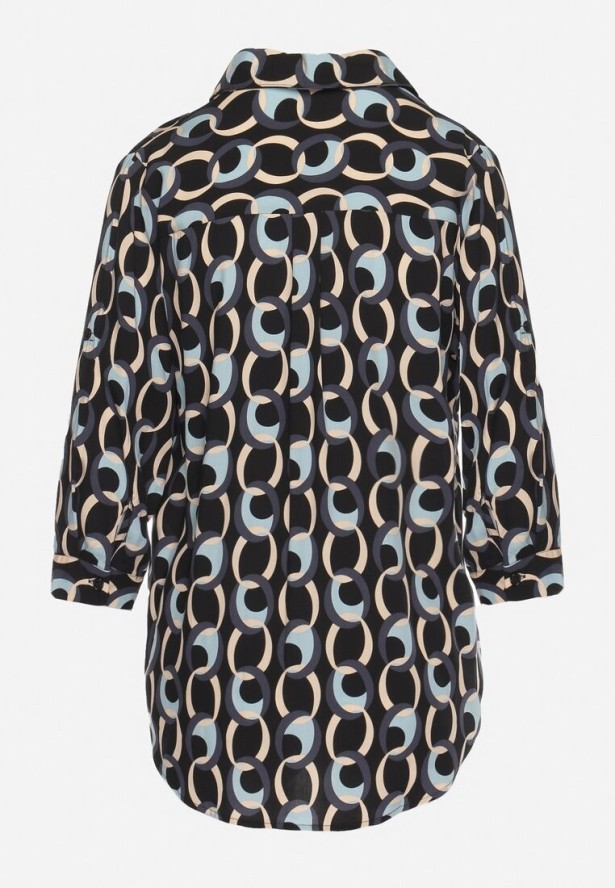 Czarno-Niebieska Koszula z Bawełny i Wiskozy z Rękawem 3/4 i Ozdobnym Wzorem Tinari